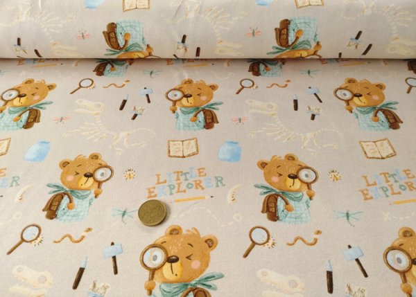 Little Explorer Hilco Sweatstoff angeraut in beige mit Bären auf Entdeckungsreise